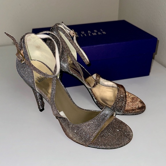 ✨STUART WEITZMAN Vixen Glitter Metallic Woven Strappy Sandals Pyrite Size 6.5 - Picture 6 of 16